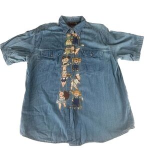 Womens Patchwork Denim Shirt With Hand Appliqued Pig Motif Hand Embellished Sz M